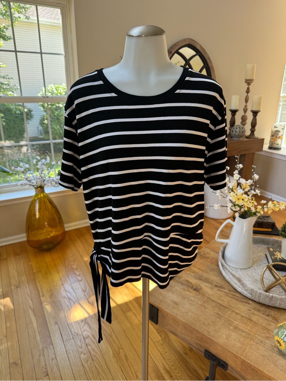 Soho Black & White Striped Short Sleeve Side-Tie Top